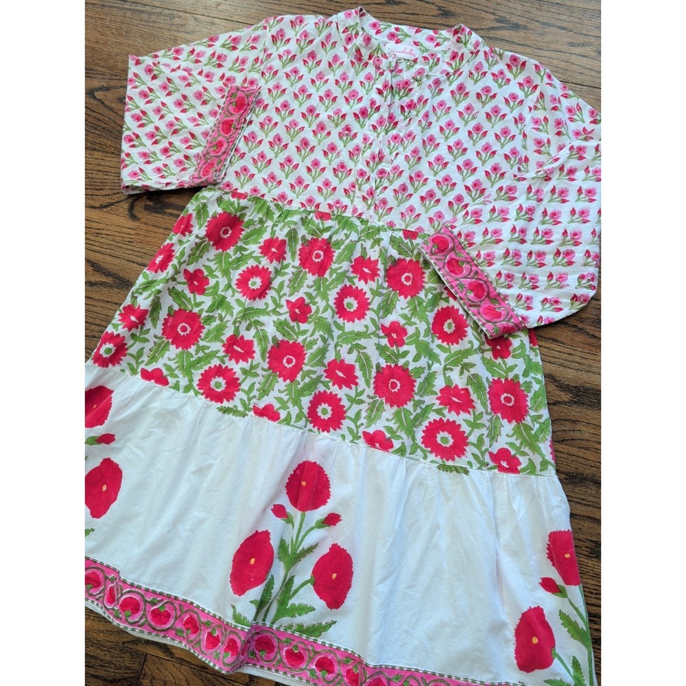 Mary Marshmallow White Floral Dress Sz L/XL Boho Prairie Flowy Roll Tab Slv